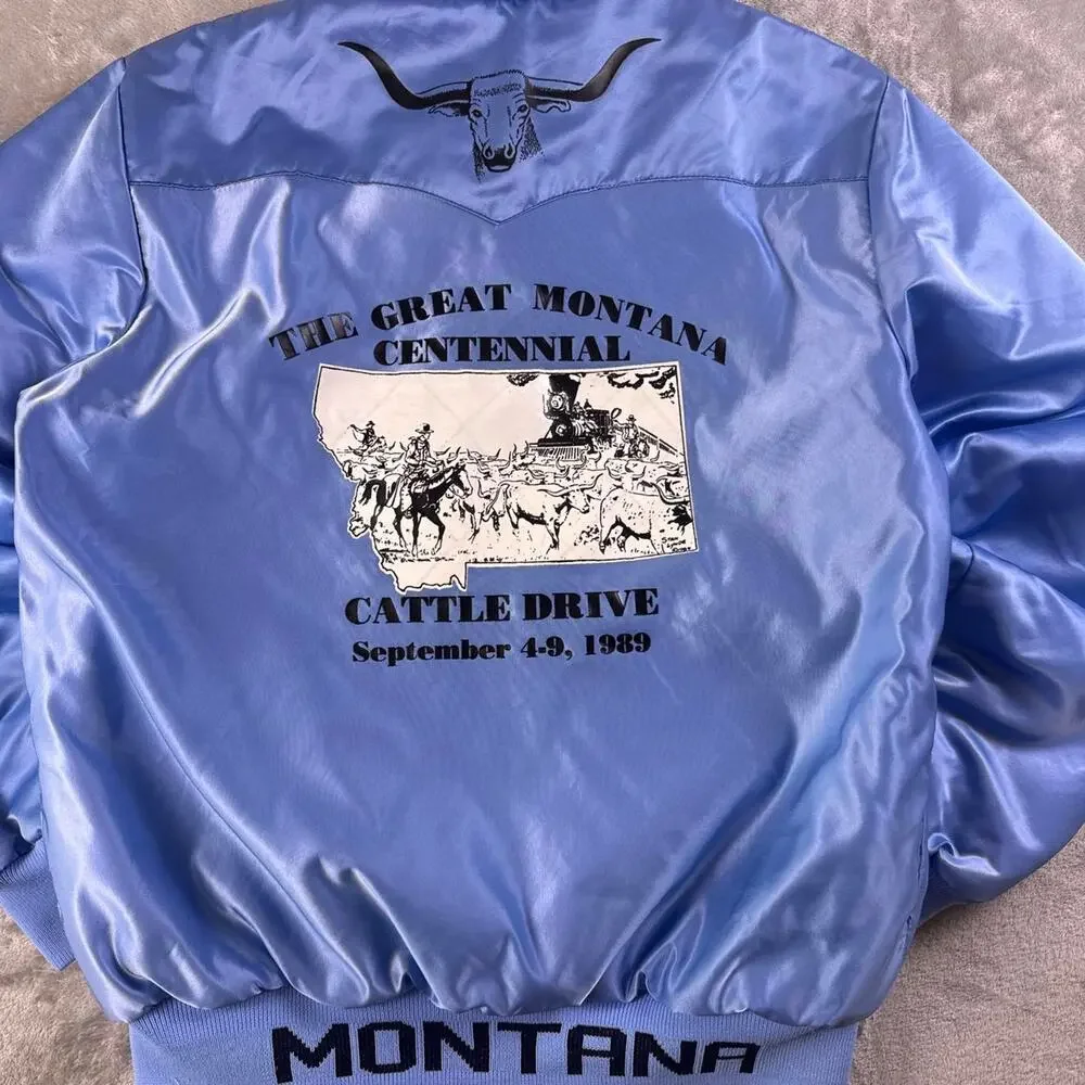 Vintage 1989 Montana Centennial Cattle Drive Bomber Jacket Men’s Large Blue USA
